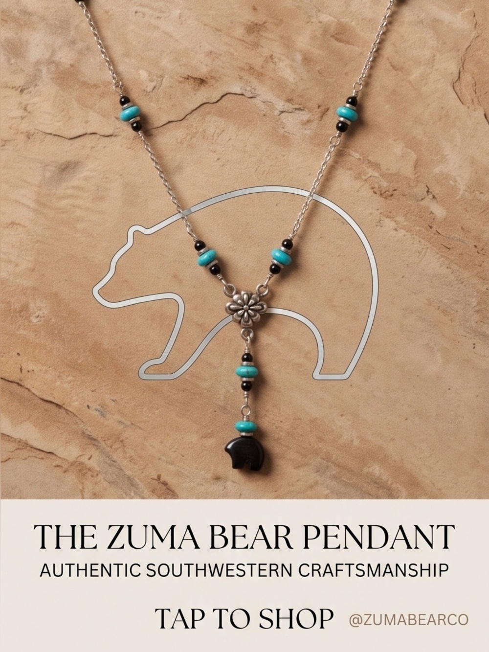 The Zuma Bear Pendant Necklace - Turquoise & Black